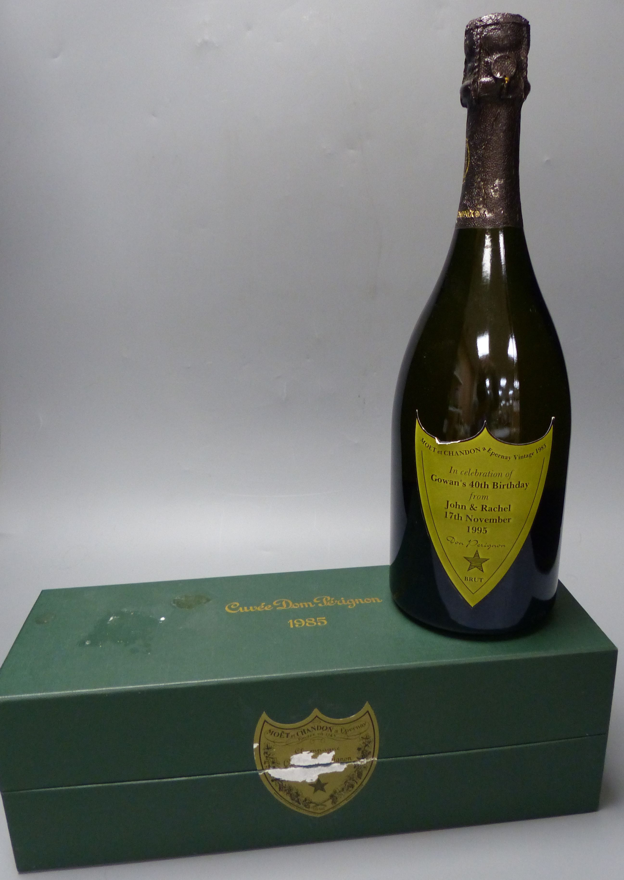 One bottle of Dom Perignon, 1985, with later personalised presentation label, boxed.